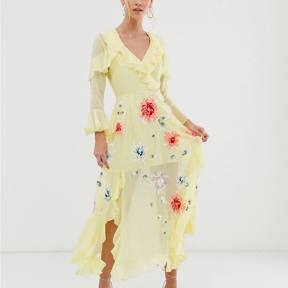 Embroidered wrap maxi dress